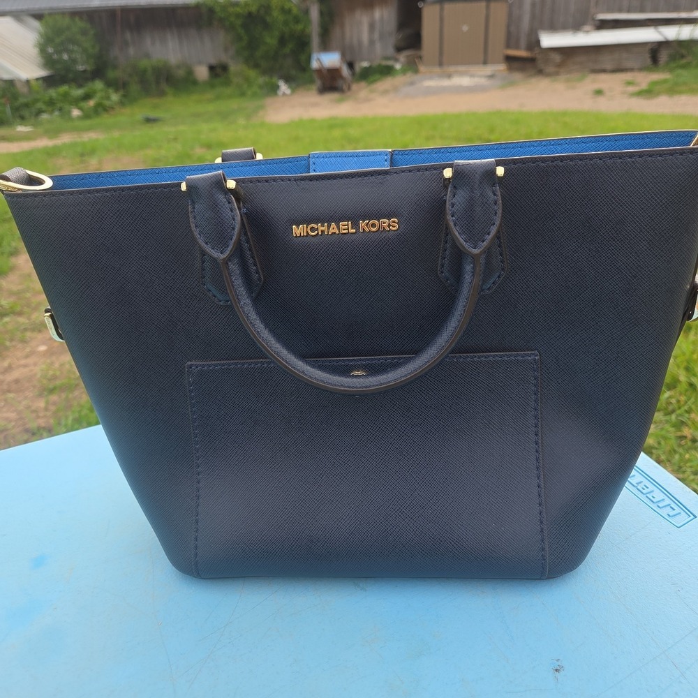 Michael Kors Navy Blue Saffiano Faux Reptile Style Leather Handbag Purse Strap